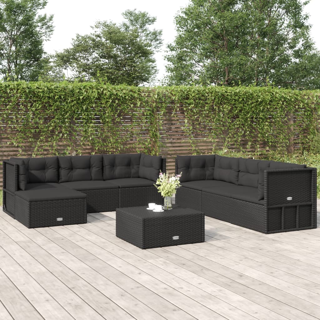 7 Piece Patio Lounge Set with Cushions Black Poly Rattan