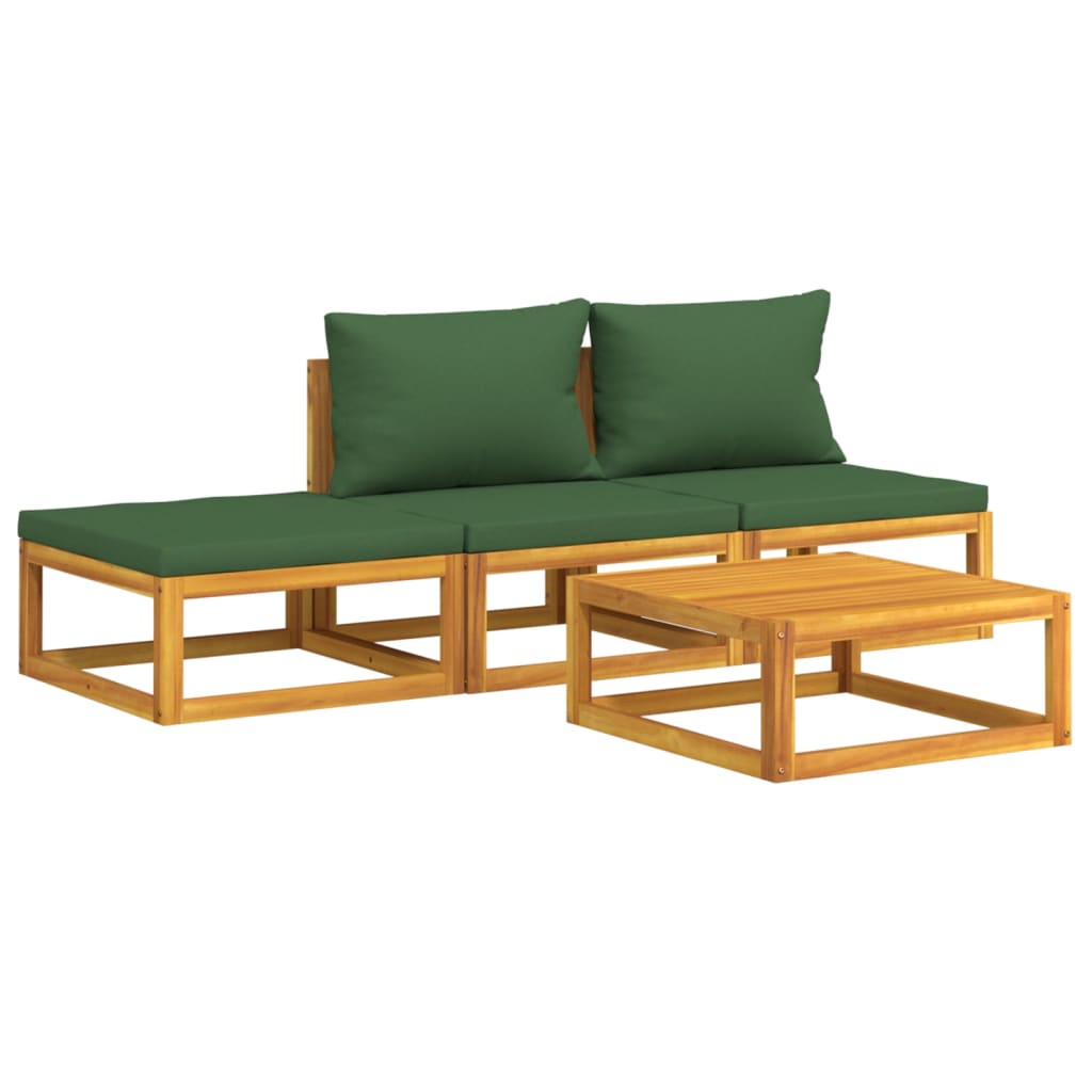 4 Piece Patio Lounge Set with Green Cushions Solid Wood