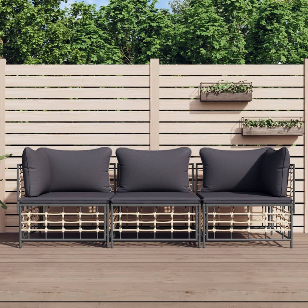 3 Piece Patio Lounge Set with Cushions Anthracite Poly Rattan