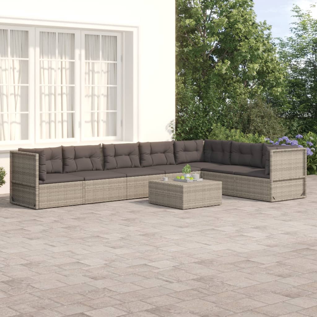 7 Piece Patio Lounge Set with Cushions Gray Poly Rattan