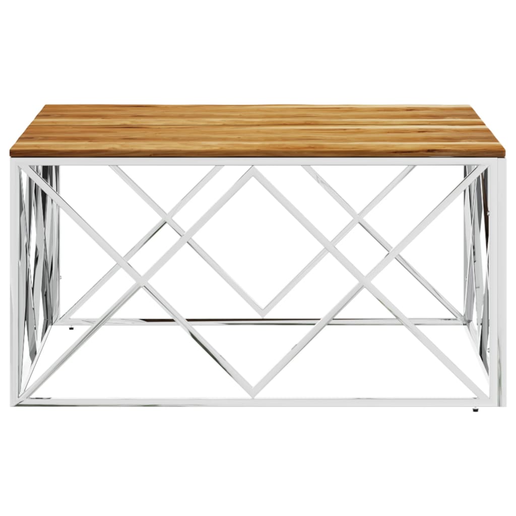 Coffee Table Silver Stainless Steel and Solid Wood Acacia