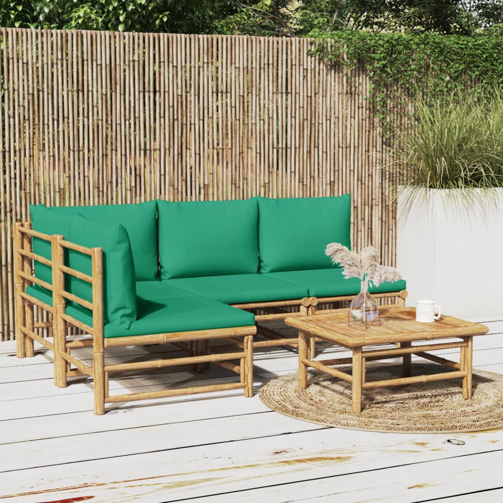 5 Piece Patio Lounge Set with Green Cushions Bamboo