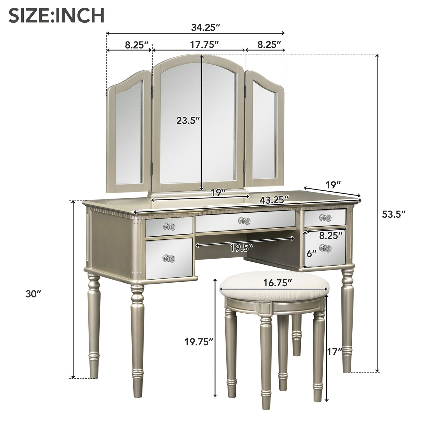 GO 43" Dressing Table Set with Mirrored Drawers and Stool, Tri-fold Mirror, Makeup Vanity Set for Bedroom, Gold