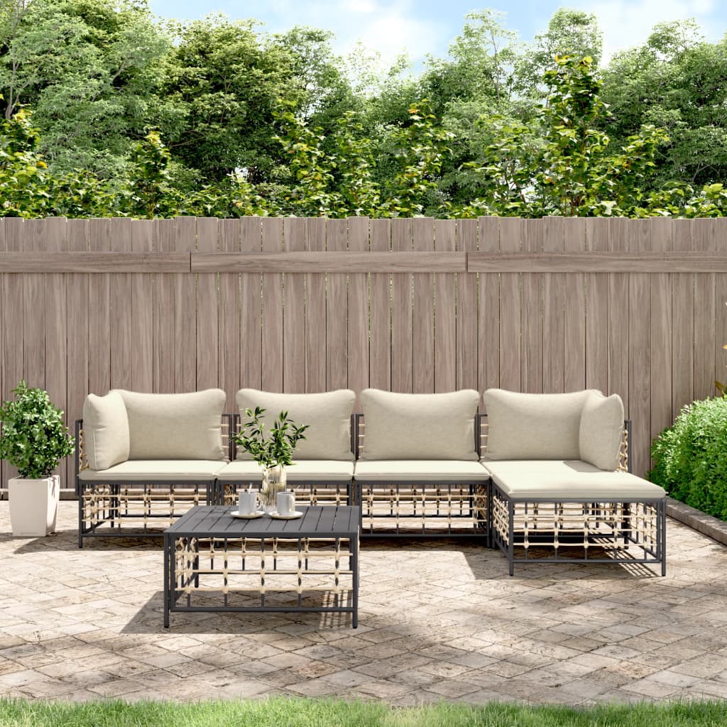 6 Piece Patio Lounge Set with Cushions Anthracite Poly Rattan