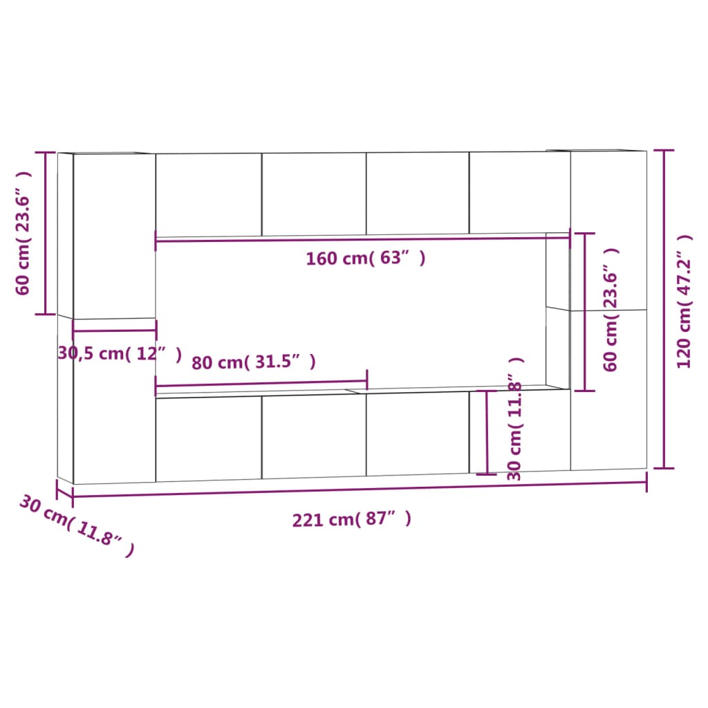 8 Piece TV Stand Set Black Engineered Wood