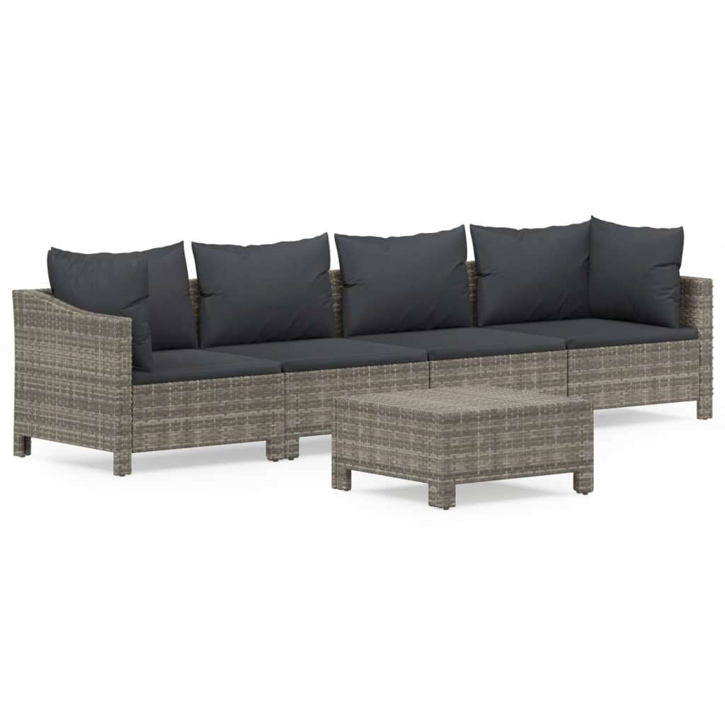 5 Piece Patio Lounge Set with Cushions Gray Poly Rattan