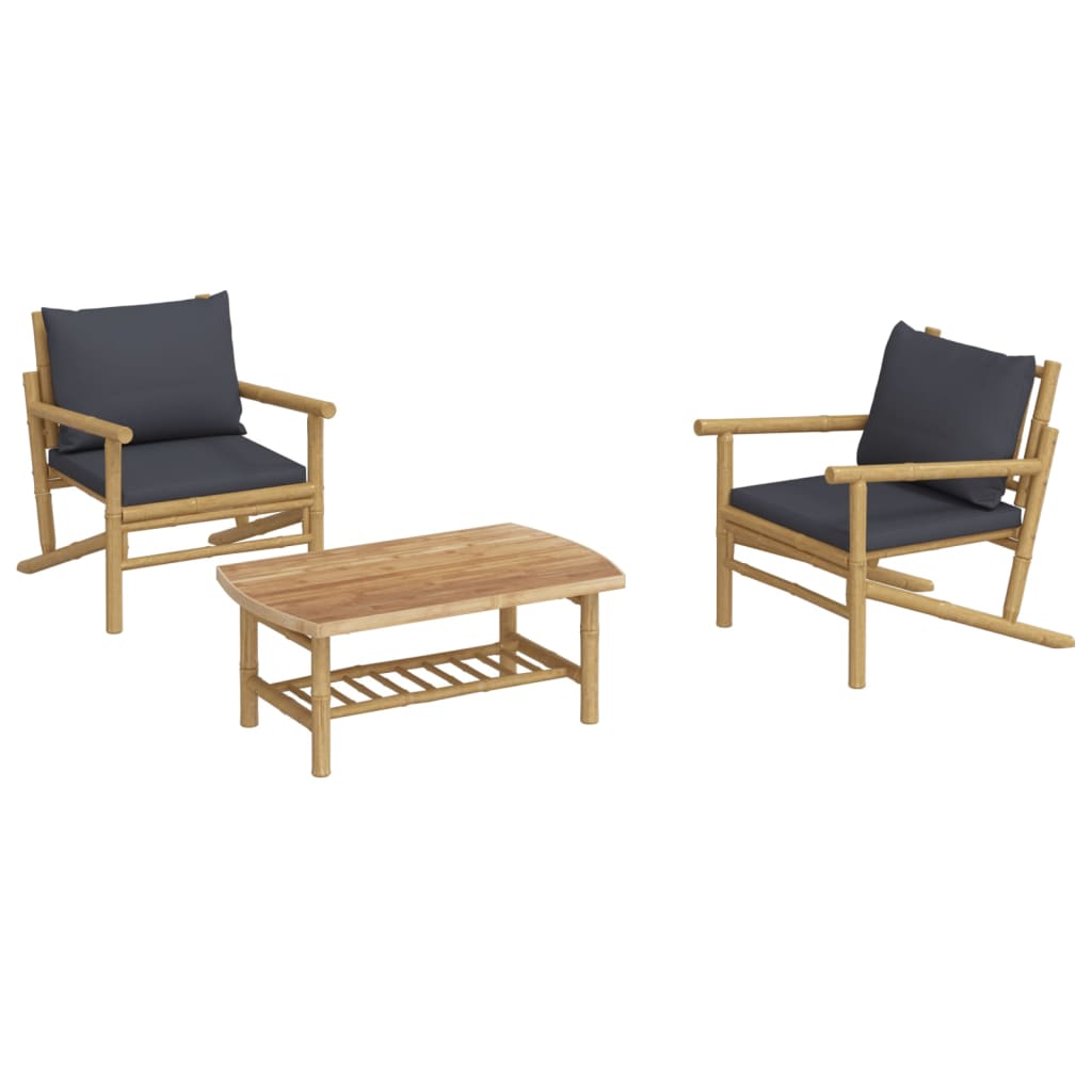 3 Piece Patio Lounge Set with Dark Gray Cushions Bamboo