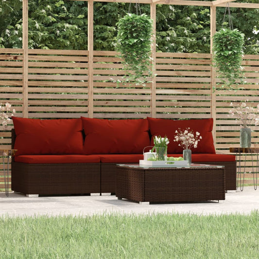 4 Piece Patio Lounge Set with Cushions Brown Poly Rattan