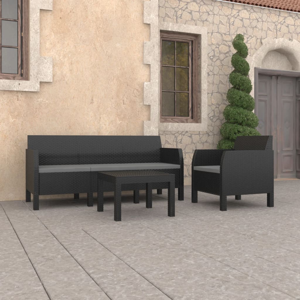 3 Piece Patio Lounge Set with Cushions PP Rattan Anthracite