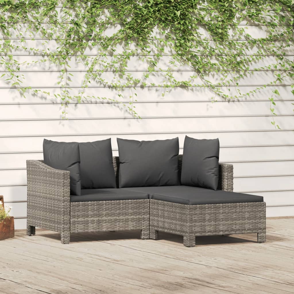 3 Piece Patio Lounge Set with Cushions Gray Poly Rattan