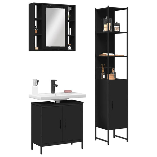 3 Piece Bathroom Cabinet Set Black Engineered Wood