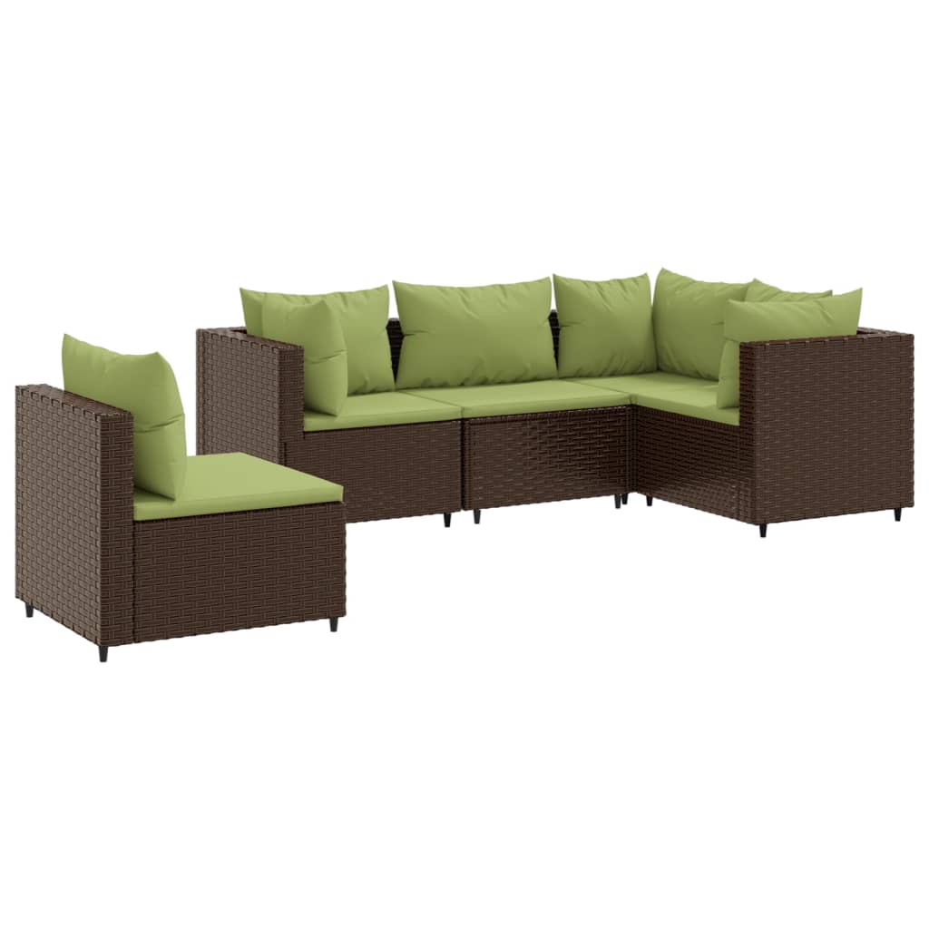 5 Piece Patio Lounge Set with Cushions Brown Poly Rattan