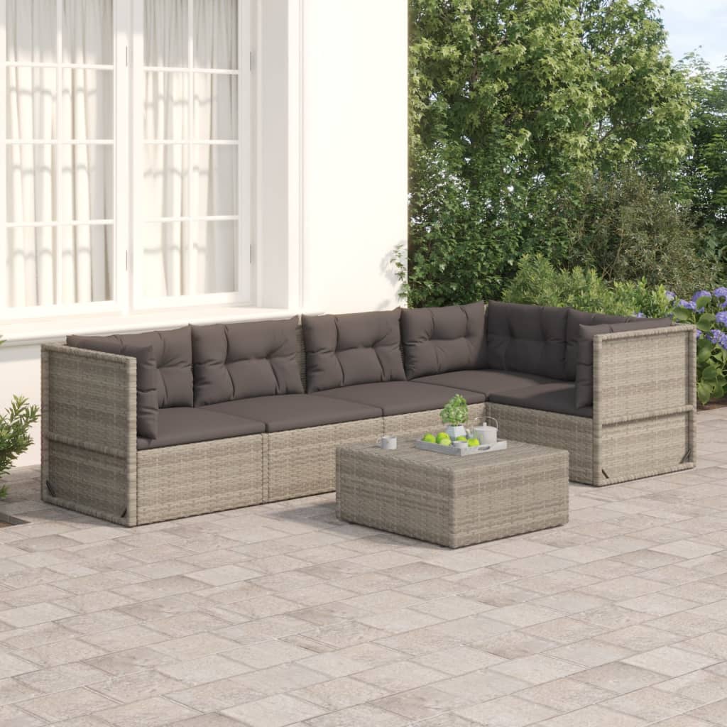 5 Piece Patio Lounge Set with Cushions Gray Poly Rattan