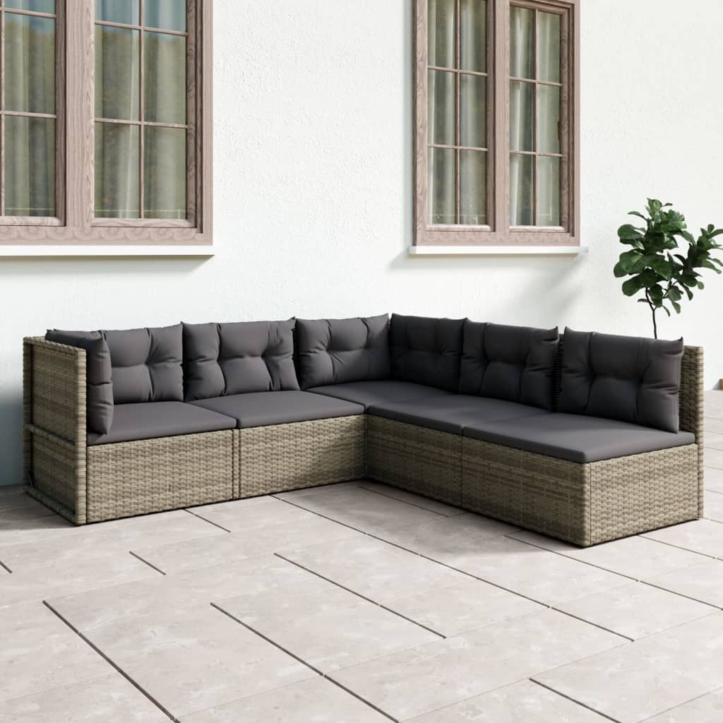 5 Piece Patio Lounge Set with Cushions Gray Poly Rattan