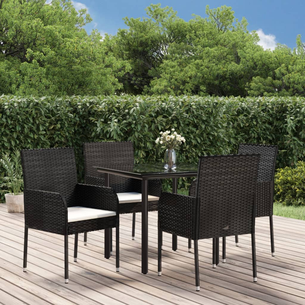 5 Piece Patio Dining Set with Cushions Black Poly Rattan