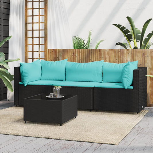 4 Piece Patio Lounge Set with Cushions Black Poly Rattan