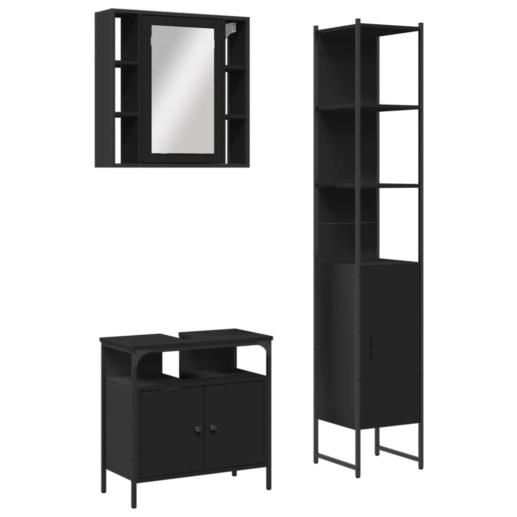 3 Piece Bathroom Cabinet Set Black Engineered Wood