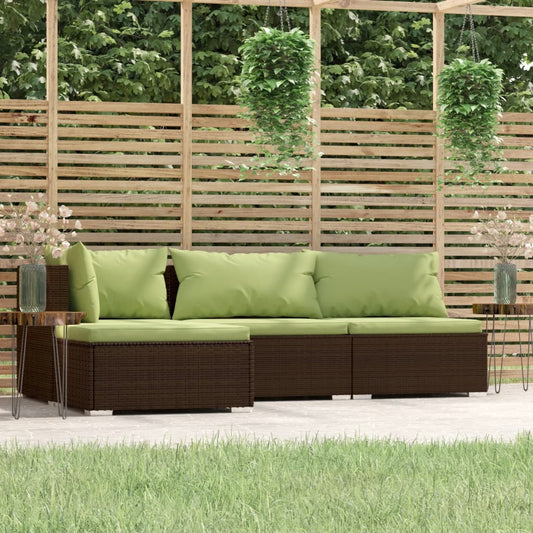 4 Piece Patio Lounge Set with Cushions Brown Poly Rattan