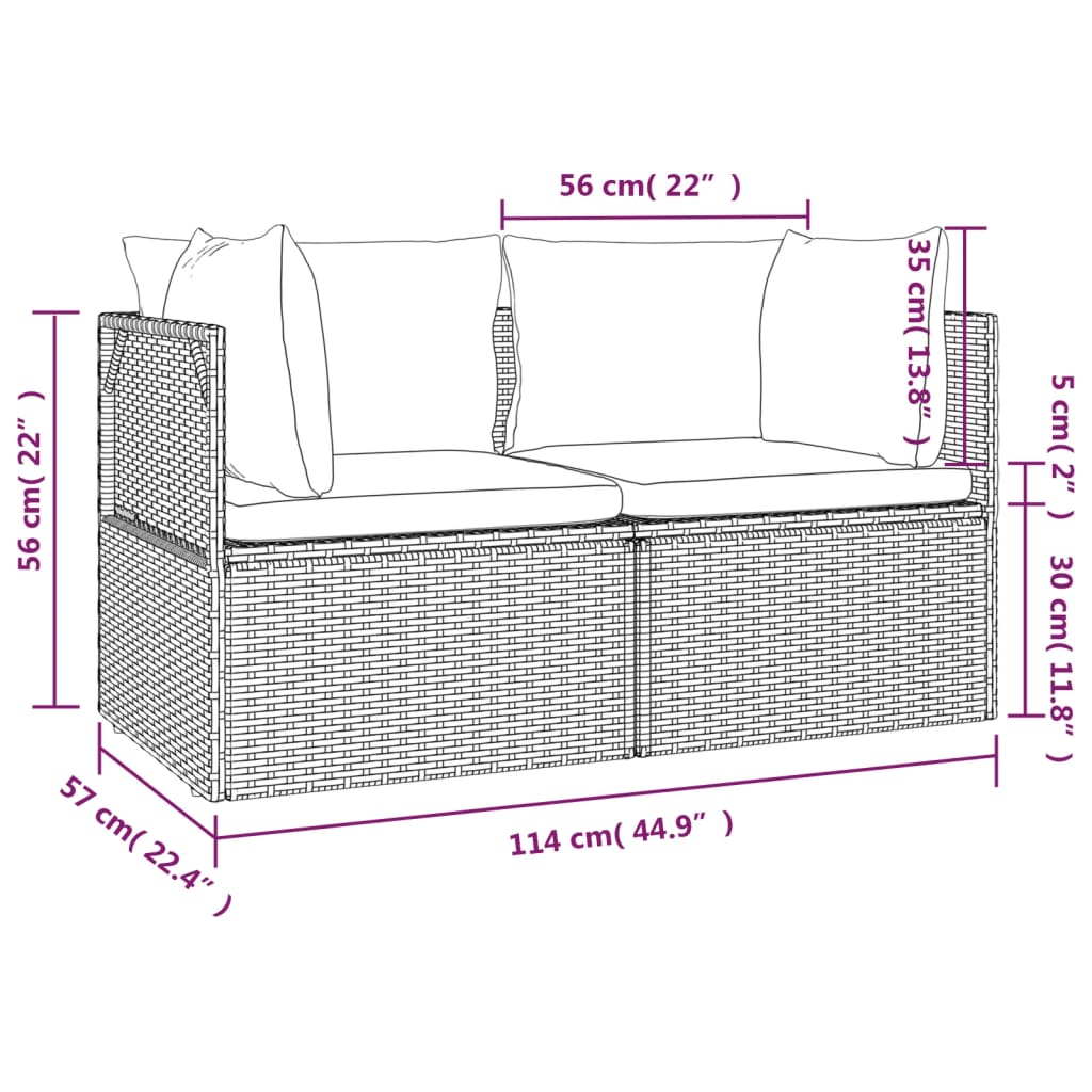 2-Seater Patio Sofa with Cushions Gray Poly Rattan