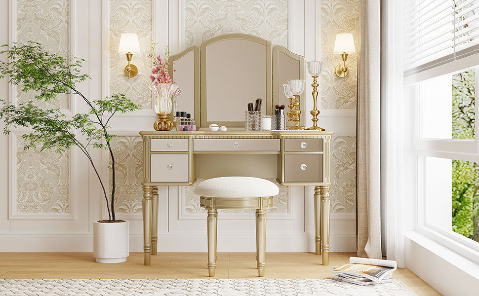 GO 43" Dressing Table Set with Mirrored Drawers and Stool, Tri-fold Mirror, Makeup Vanity Set for Bedroom, Gold