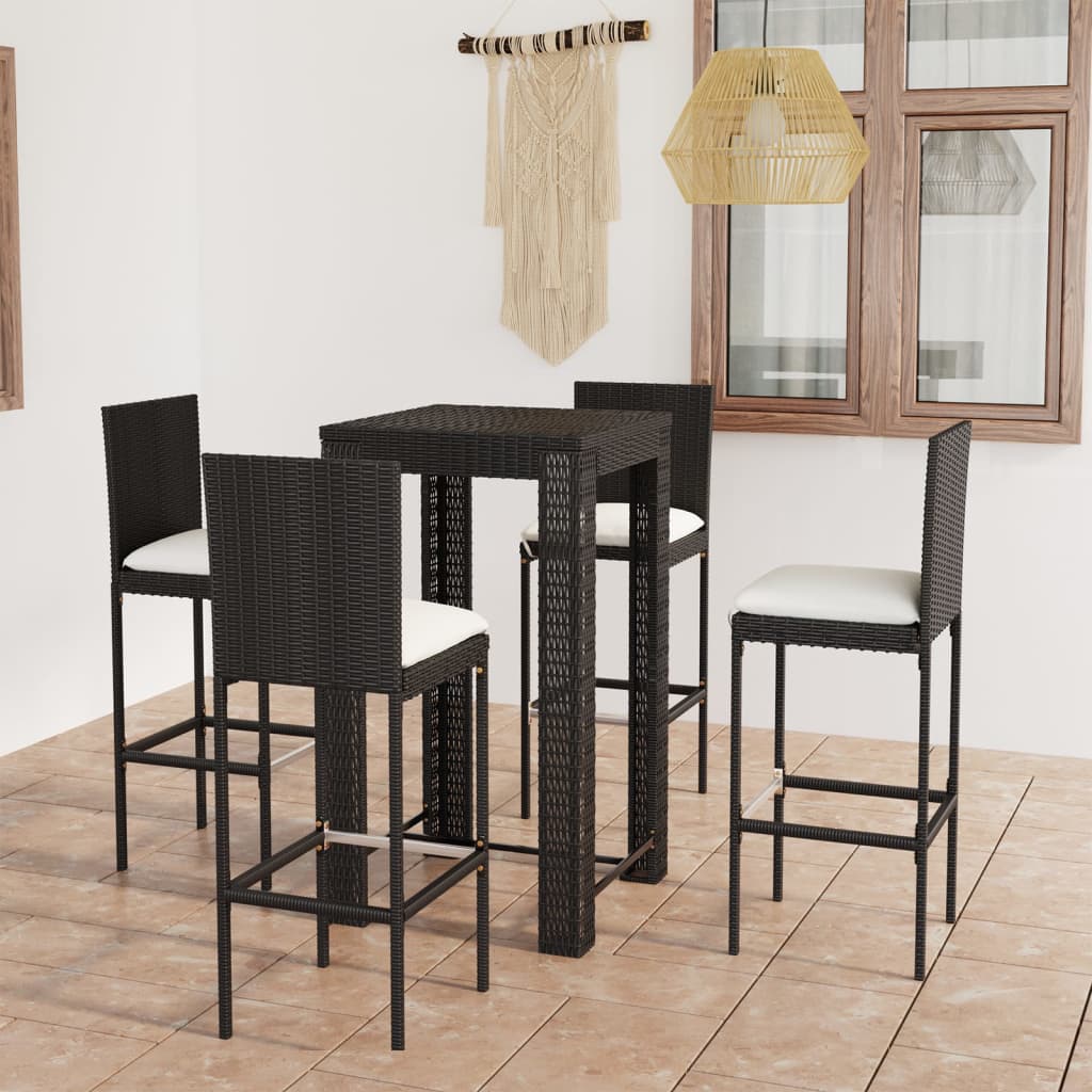 5 Piece Patio Bar Set with Cushions Poly Rattan Black