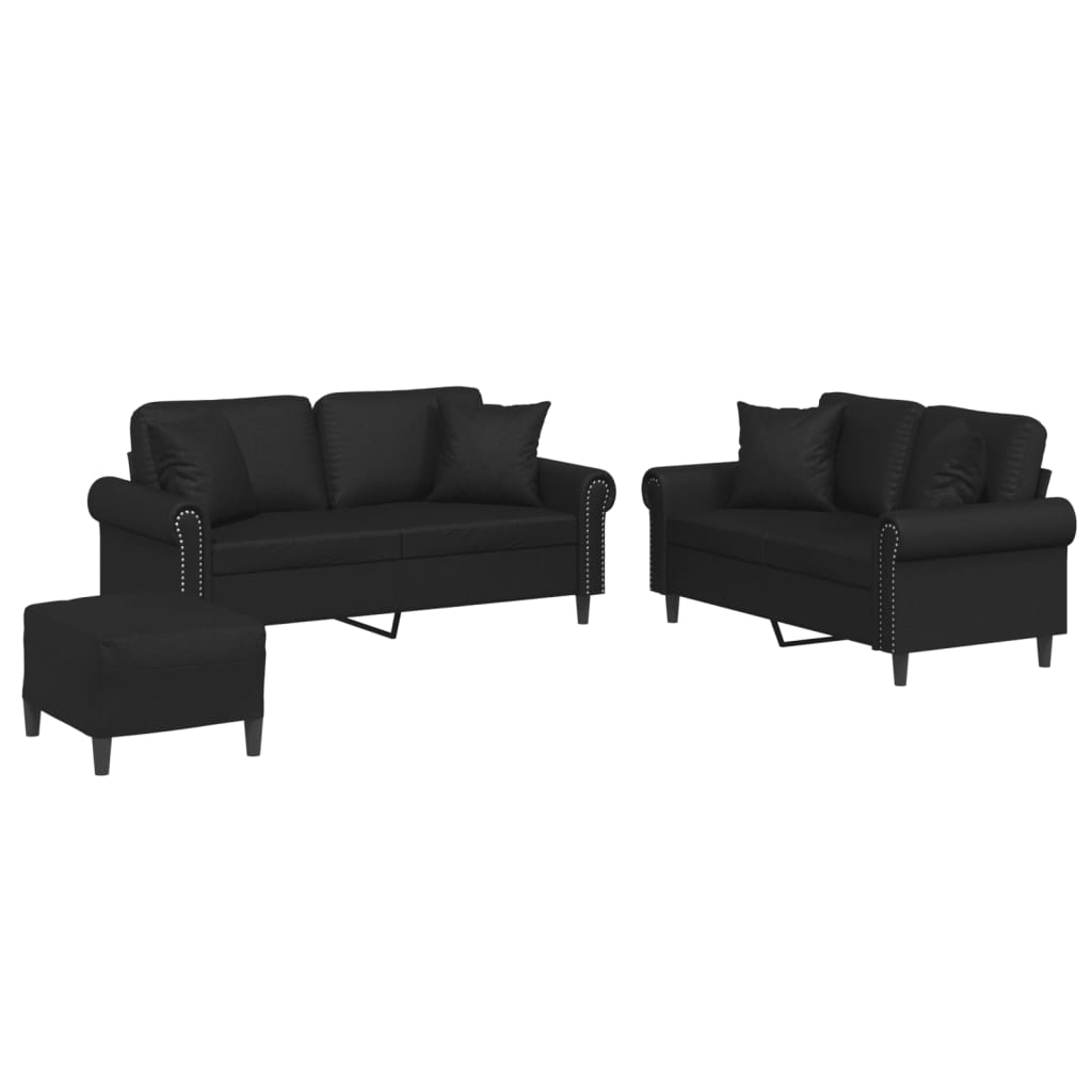 3 Piece Sofa Set with Pillows Black Faux Leather