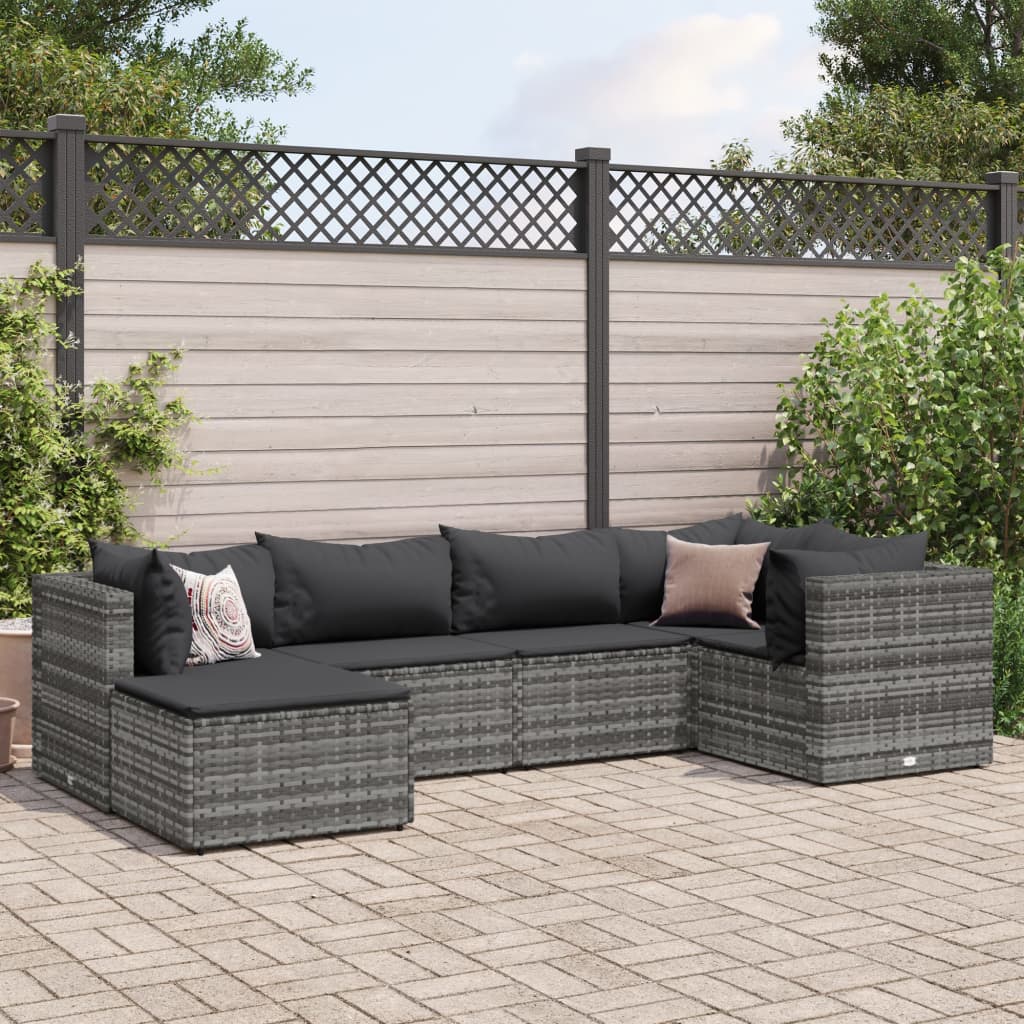 6 Piece Patio Lounge Set with Cushions Gray Poly Rattan