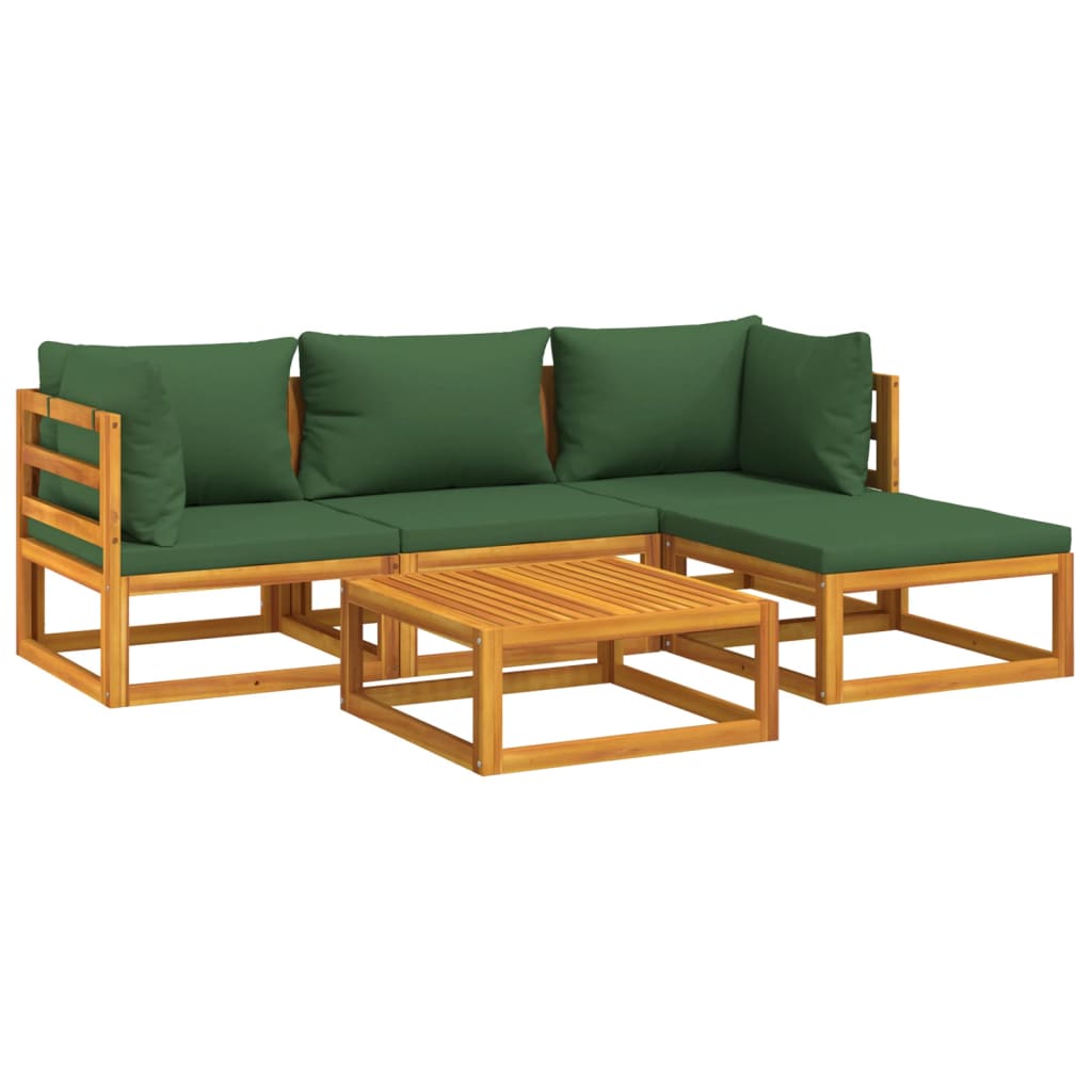 5 Piece Patio Lounge Set with Green Cushions Solid Wood