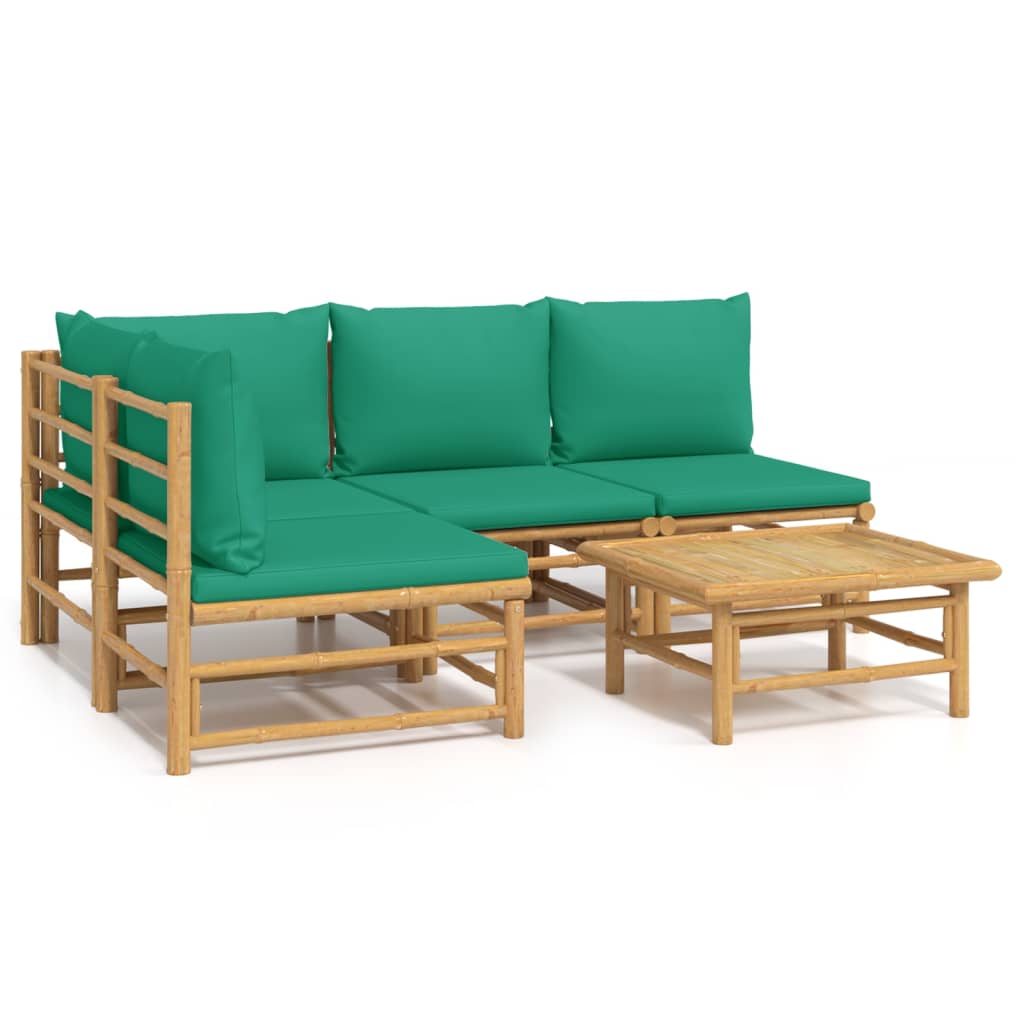 5 Piece Patio Lounge Set with Green Cushions Bamboo