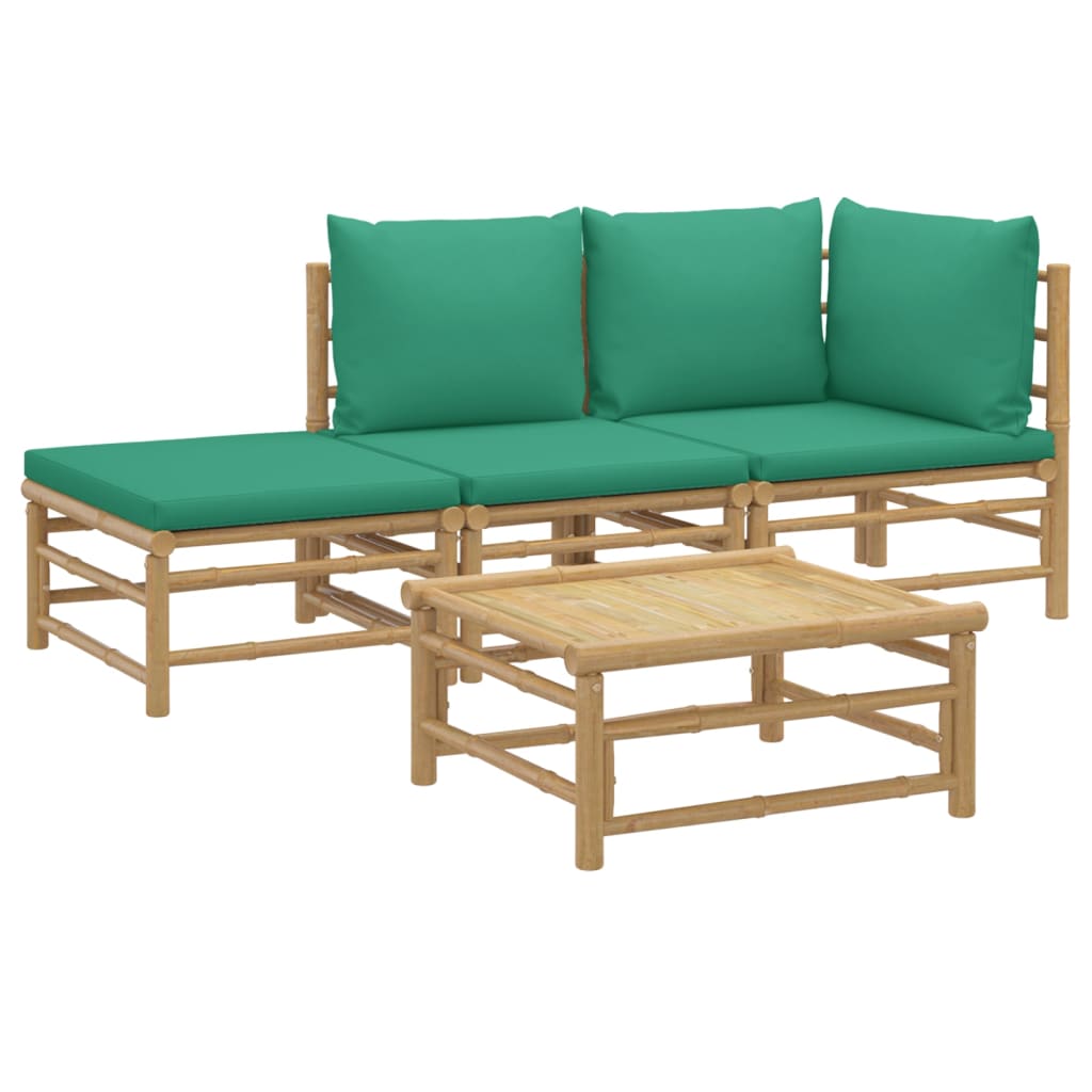 4 Piece Patio Lounge Set with Green Cushions Bamboo