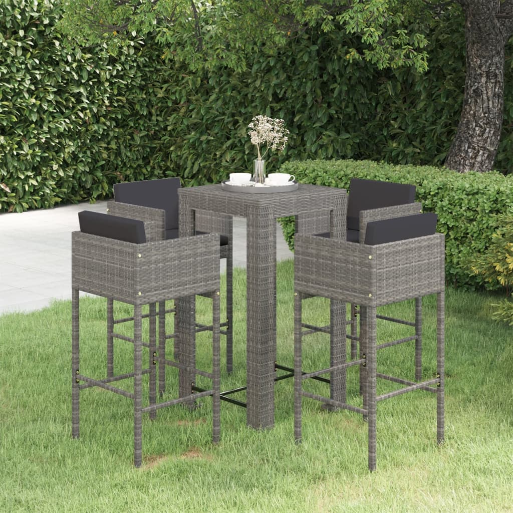 5 Piece Patio Bar Set with Cushions Poly Rattan Black