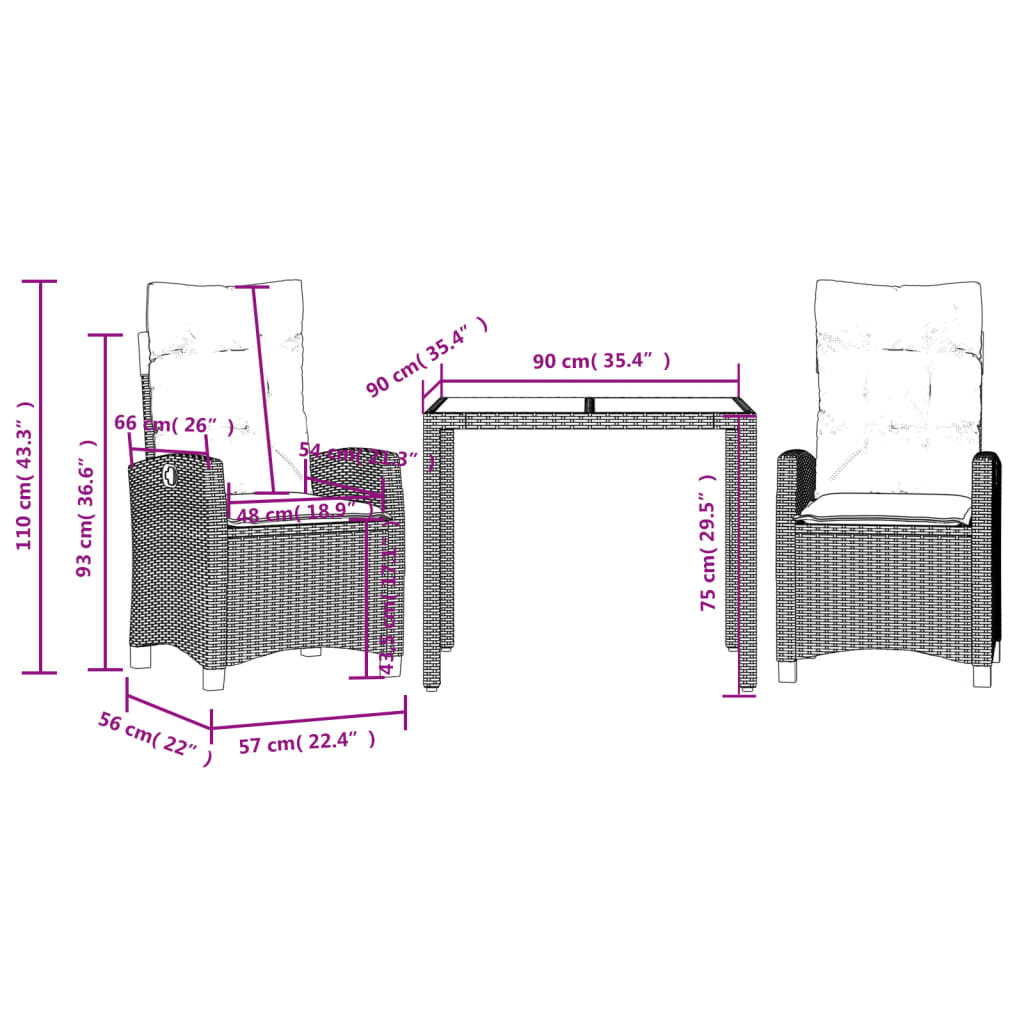 3 Piece Patio Dining Set with Cushions Gray Poly Rattan