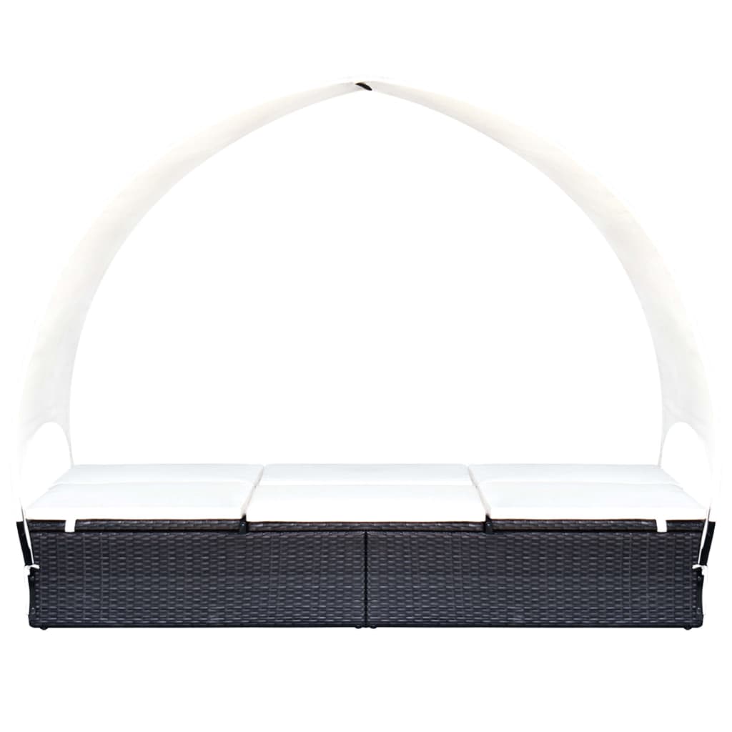 Double Sun Lounger with Canopy Poly Rattan Black