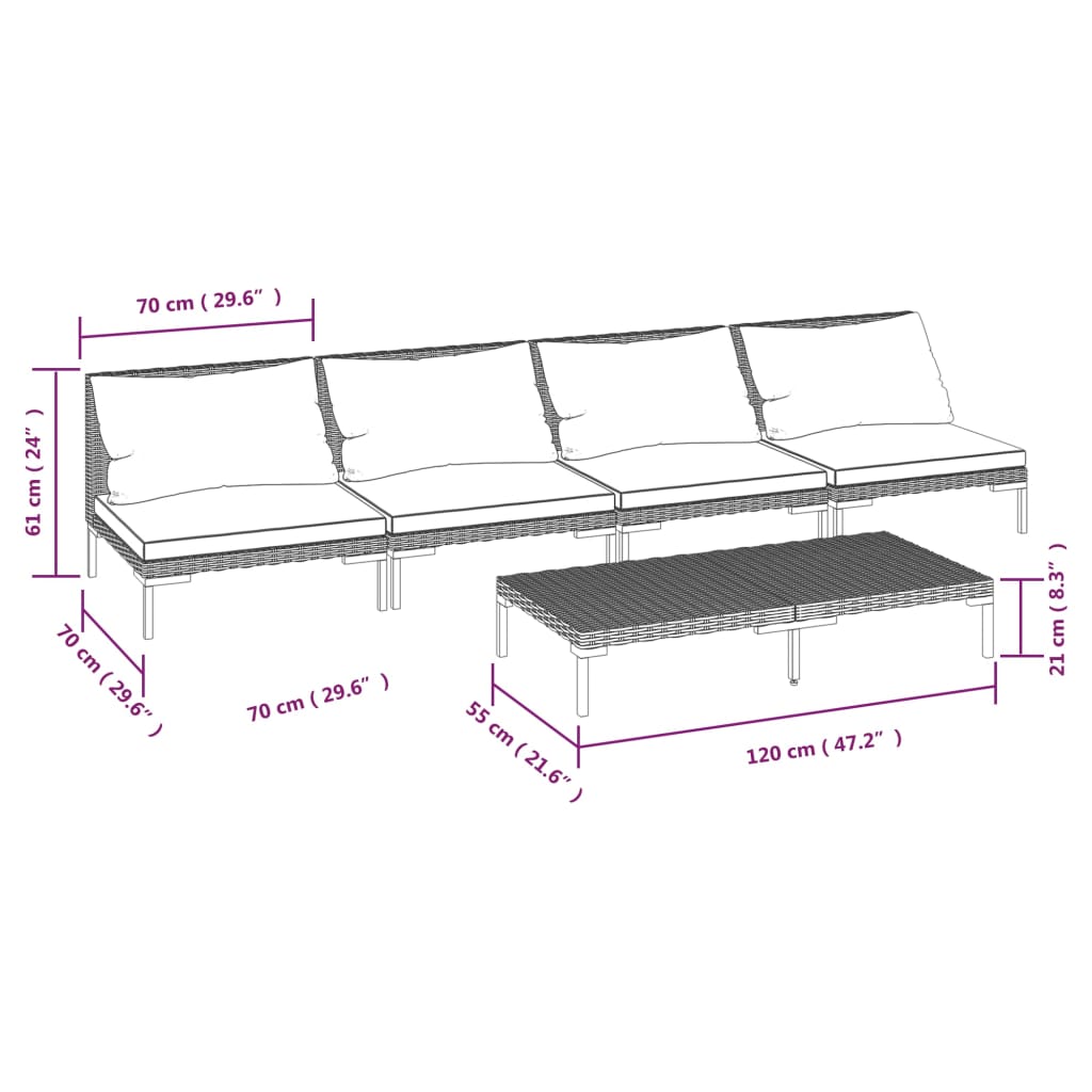 5 Piece Patio Lounge Set with Cushions Poly Rattan Dark Gray