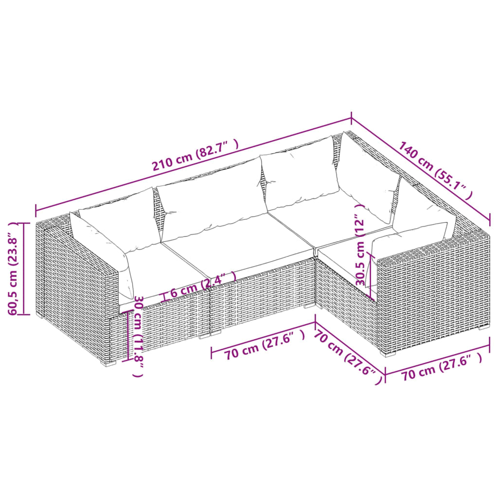 4 Piece Patio Lounge Set with Cushions Poly Rattan Gray