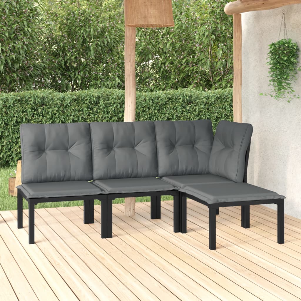 4 Piece Patio Lounge Set Black and Gray Poly Rattan