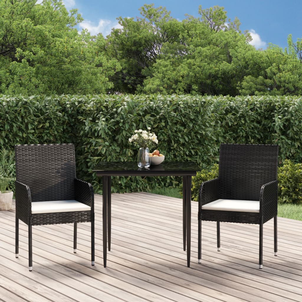 3 Piece Patio Dining Set with Cushions Black Poly Rattan