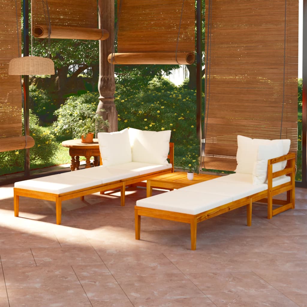 3 Piece Patio Lounge Set with Cream White Cushions Acacia Wood