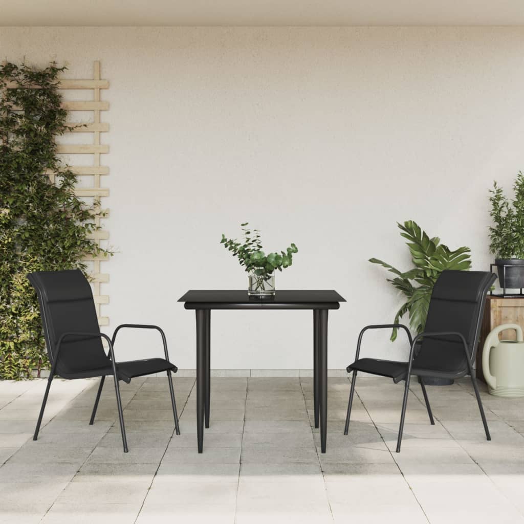 3 Piece Patio Dining Set Black Steel and Textilene