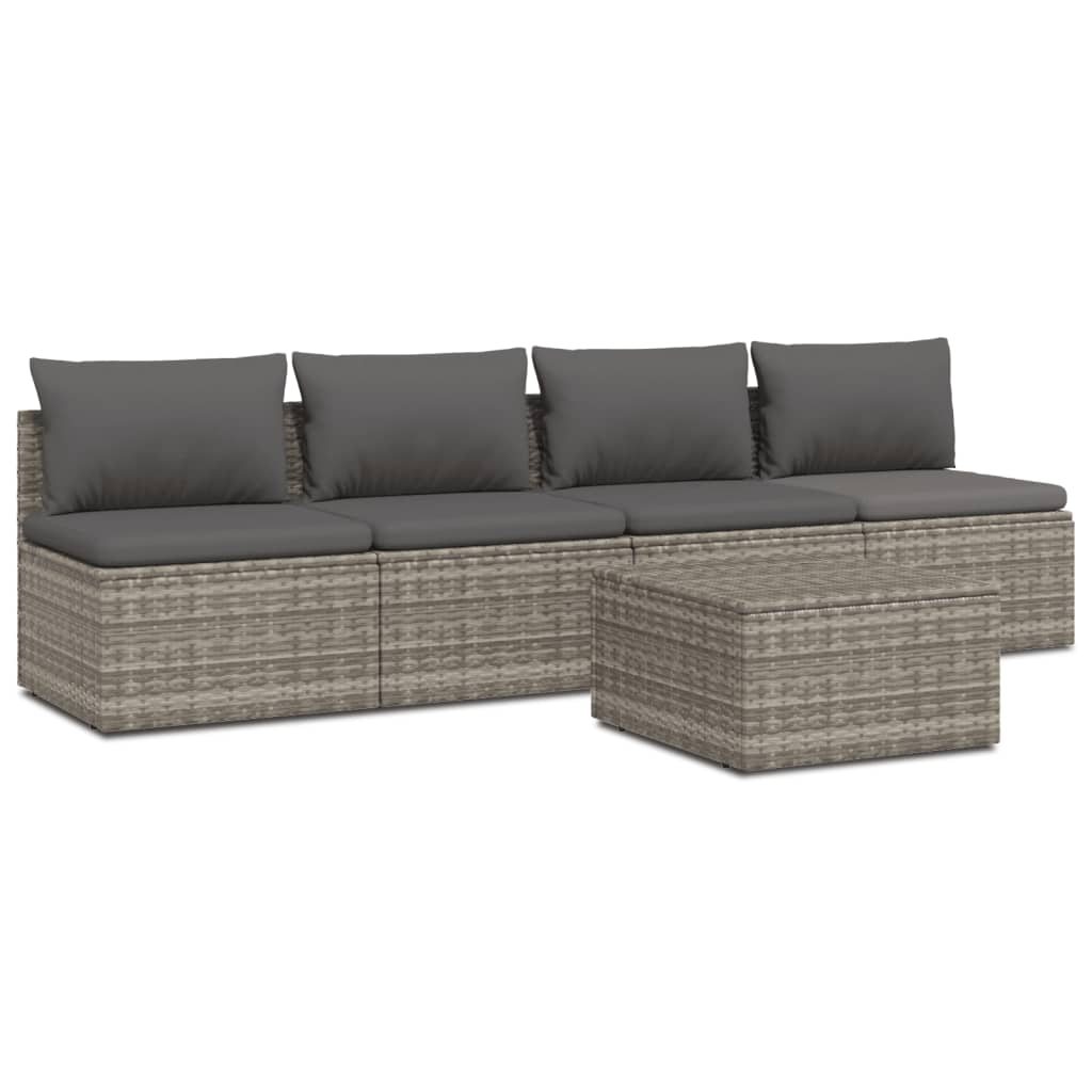 5 Piece Patio Lounge Set with Cushions Gray Poly Rattan