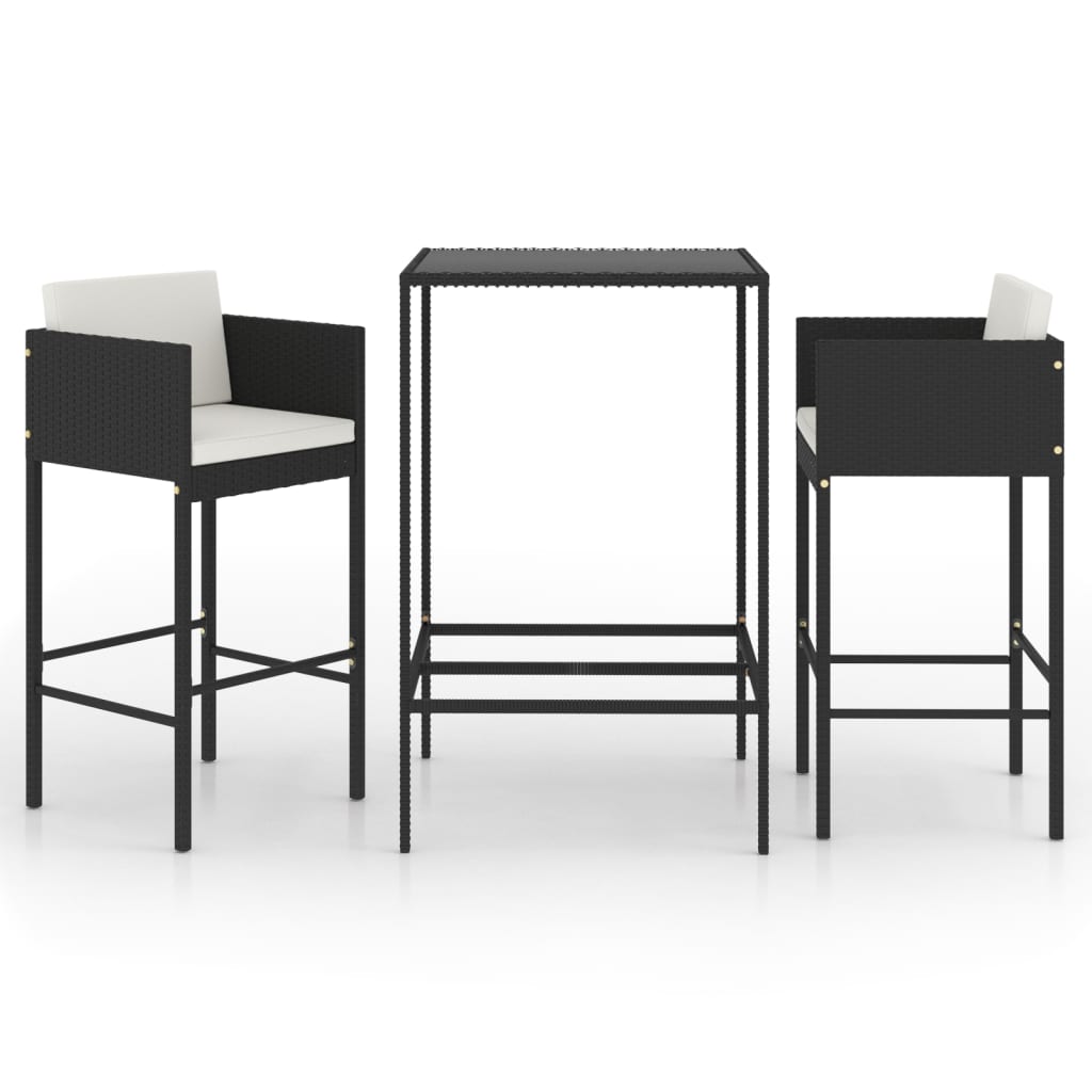 3 Piece Patio Bar Set with Cushions Poly Rattan Black