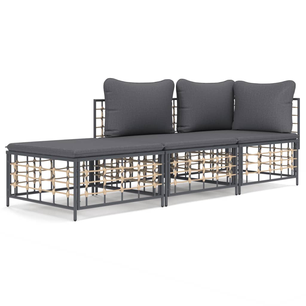 3 Piece Patio Lounge Set with Cushions Anthracite Poly Rattan