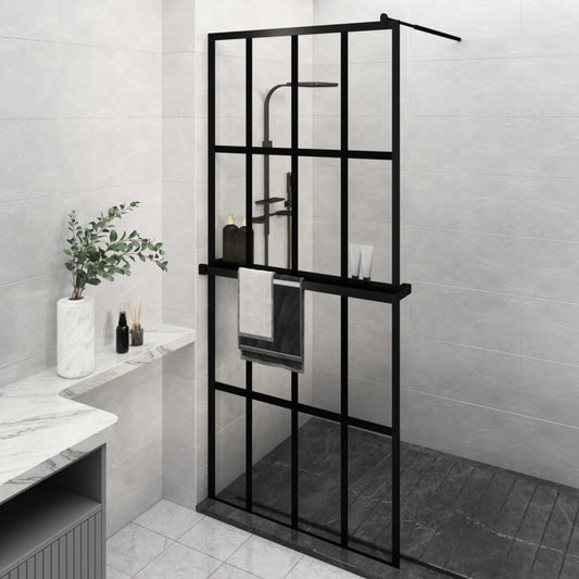 Walk-in Shower Wall with Shelf Black 35.4"x76.8" ESG Glass&Aluminum