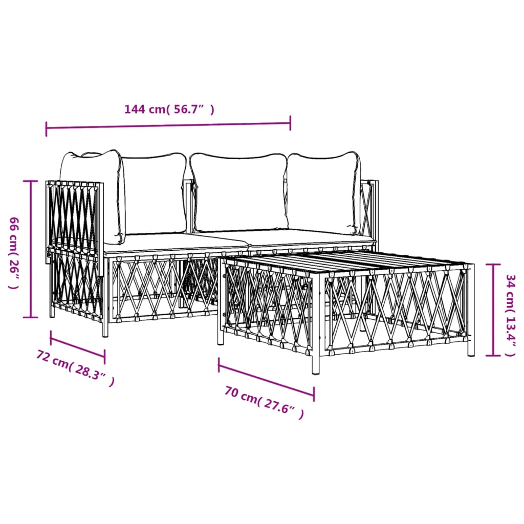 3 Piece Patio Lounge Set with Cushions White Steel