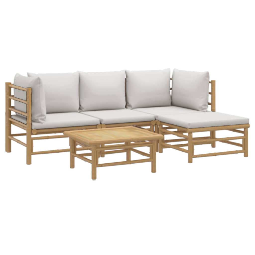 5 Piece Patio Lounge Set with Light Gray Cushions Bamboo