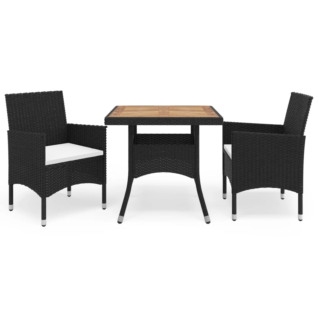 3 Piece Patio Dining Set Black Poly Rattan and Acacia Wood