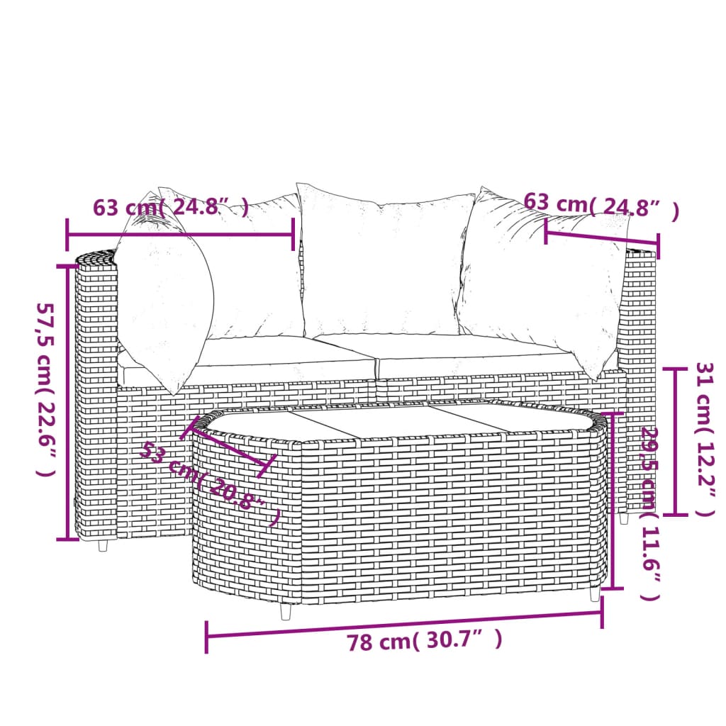 3 Piece Patio Lounge Set with Cushions Brown Poly Rattan