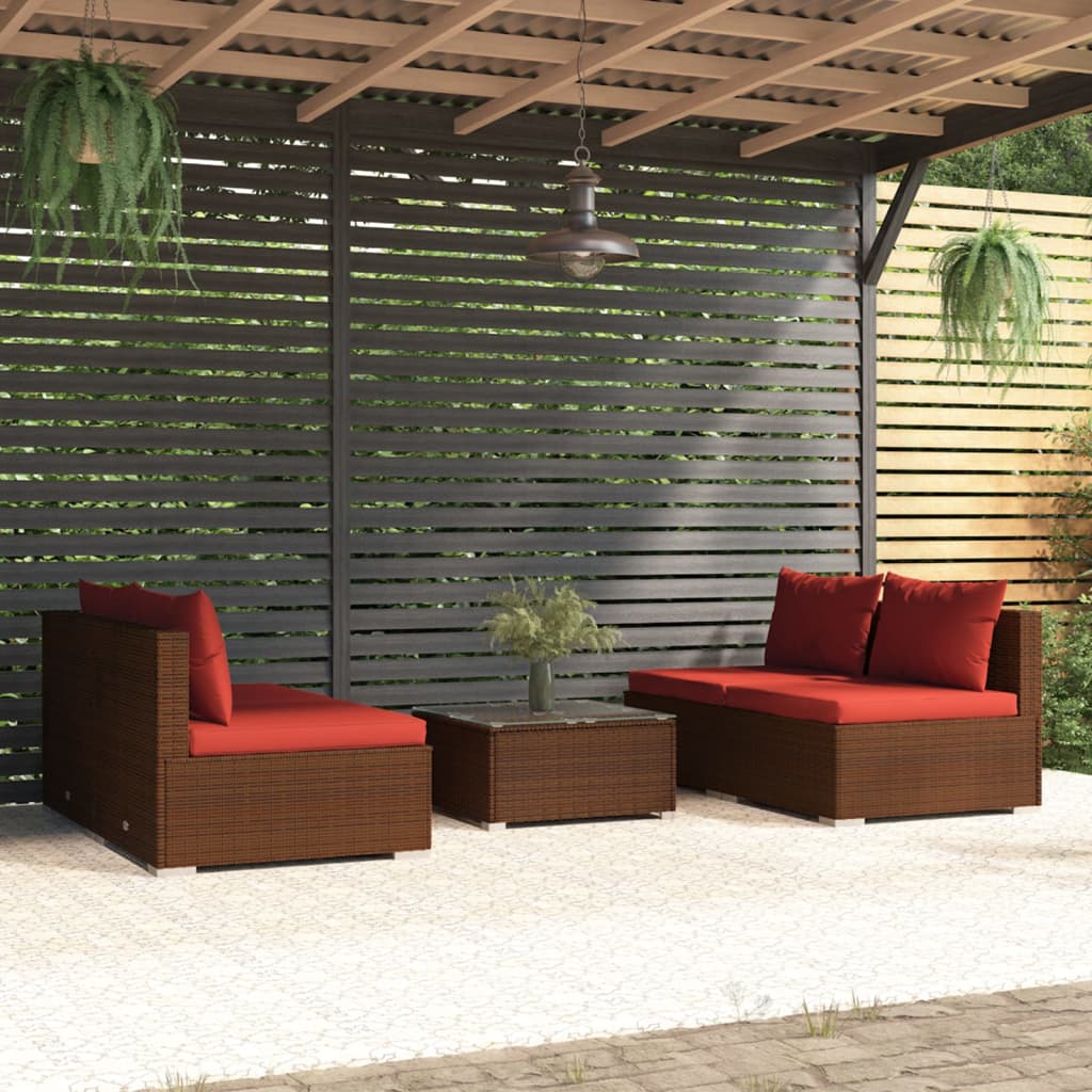 5 Piece Patio Lounge Set with Cushions Poly Rattan Brown