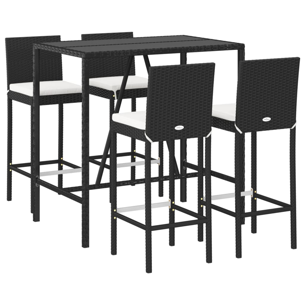 5 Piece Patio Bar Set with Cushions Black Poly Rattan