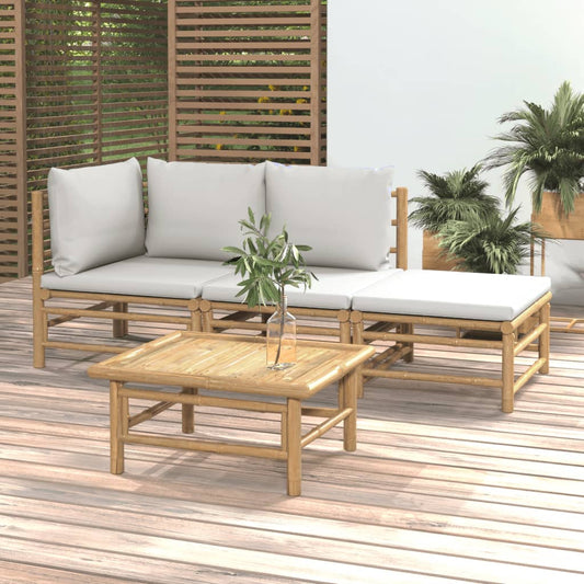 4 Piece Patio Lounge Set with Light Gray Cushions Bamboo